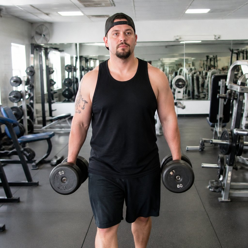 Man carrying heavy dumbbells through a budget gym early in the morning