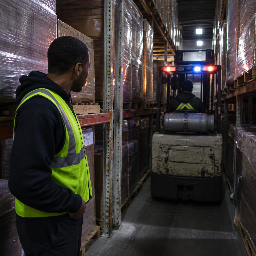 Narrow warehouse aisle with forklift barely fitting between tall racking at night