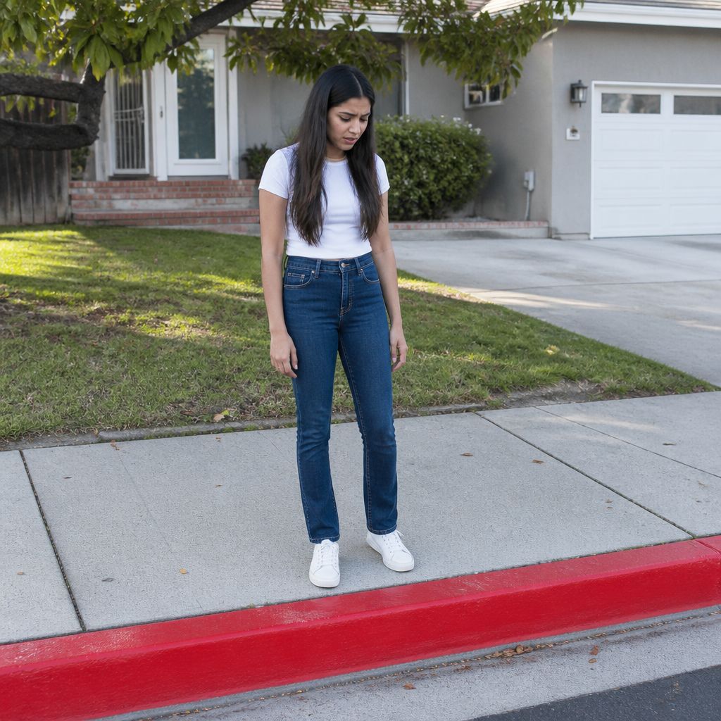 South Asian woman in white t-shirt looking puzzled at fresh red curb with no parking stencil in front of suburban house.