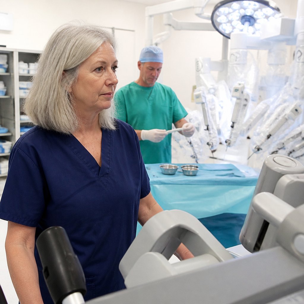 Woman in navy scrubs observing robotic surgery with concerned surgeon adjusting gloves nearby in an operating room.