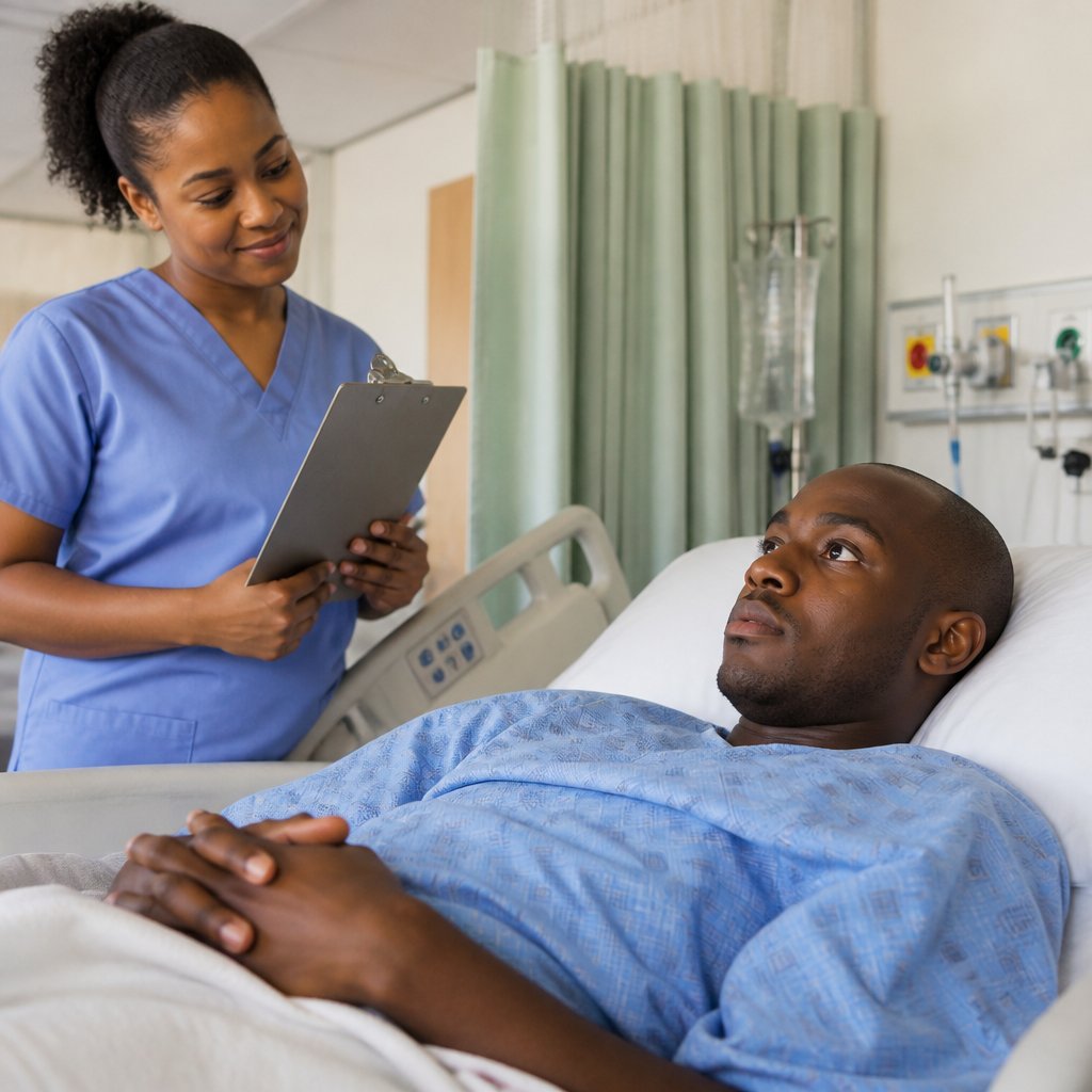 Patient awake in hospital recovery bed with nurse nearby, concerned expressions.