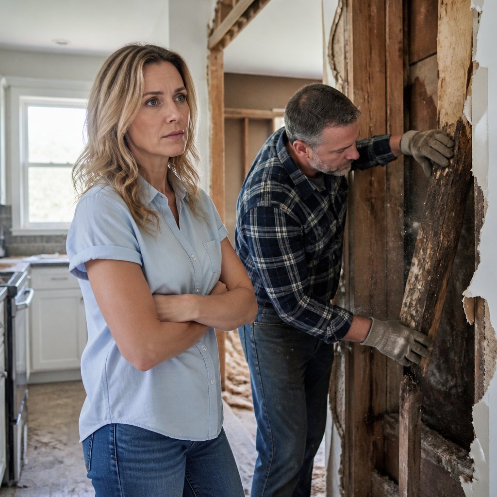 Woman and contractor examining a rotted support beam exposed in a gutted kitchen wall.