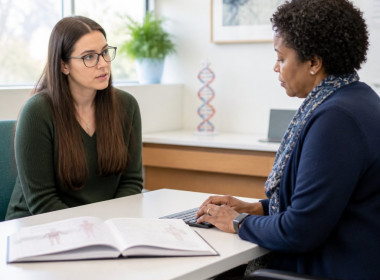 Young white woman with brown hair and glasses in a genetics counseling session, looking concerned while counselor types into computer.