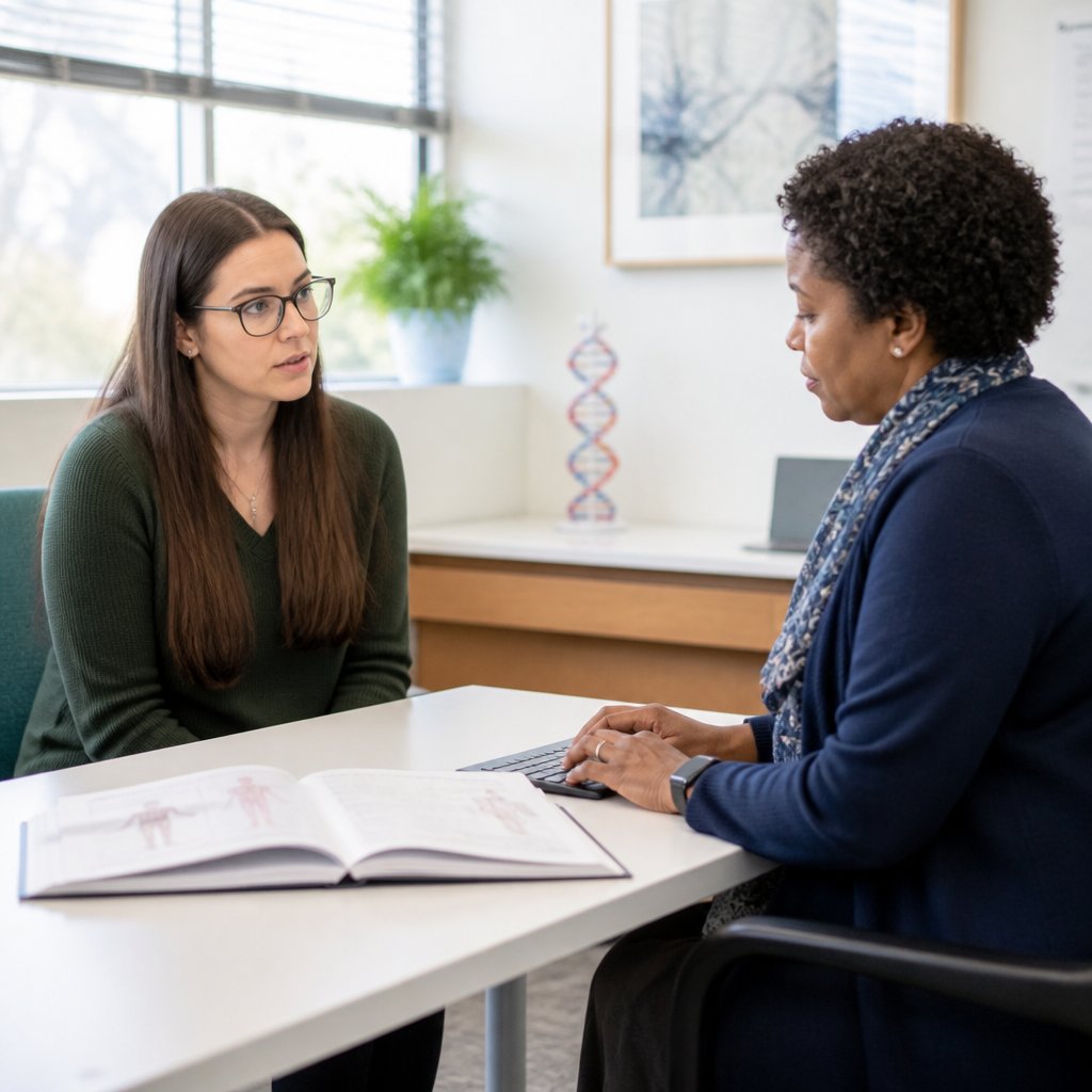 Young white woman with brown hair and glasses in a genetics counseling session, looking concerned while counselor types into computer.