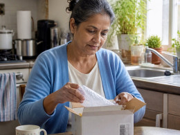 South Asian woman opening a small package at kitchen table, thoughtful expression, casual home clothes.