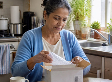 South Asian woman opening a small package at kitchen table, thoughtful expression, casual home clothes.