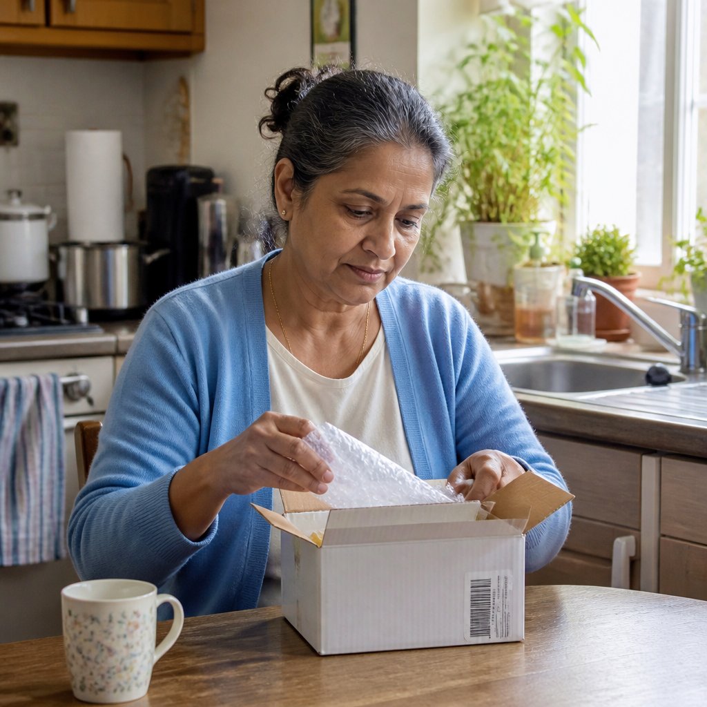 South Asian woman opening a small package at kitchen table, thoughtful expression, casual home clothes.