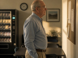 Older man in break room reading a new workplace memo on the bulletin board.
