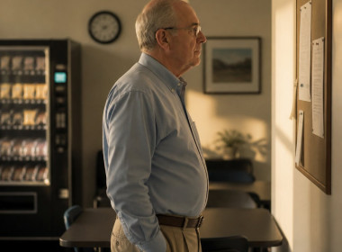 Older man in break room reading a new workplace memo on the bulletin board.