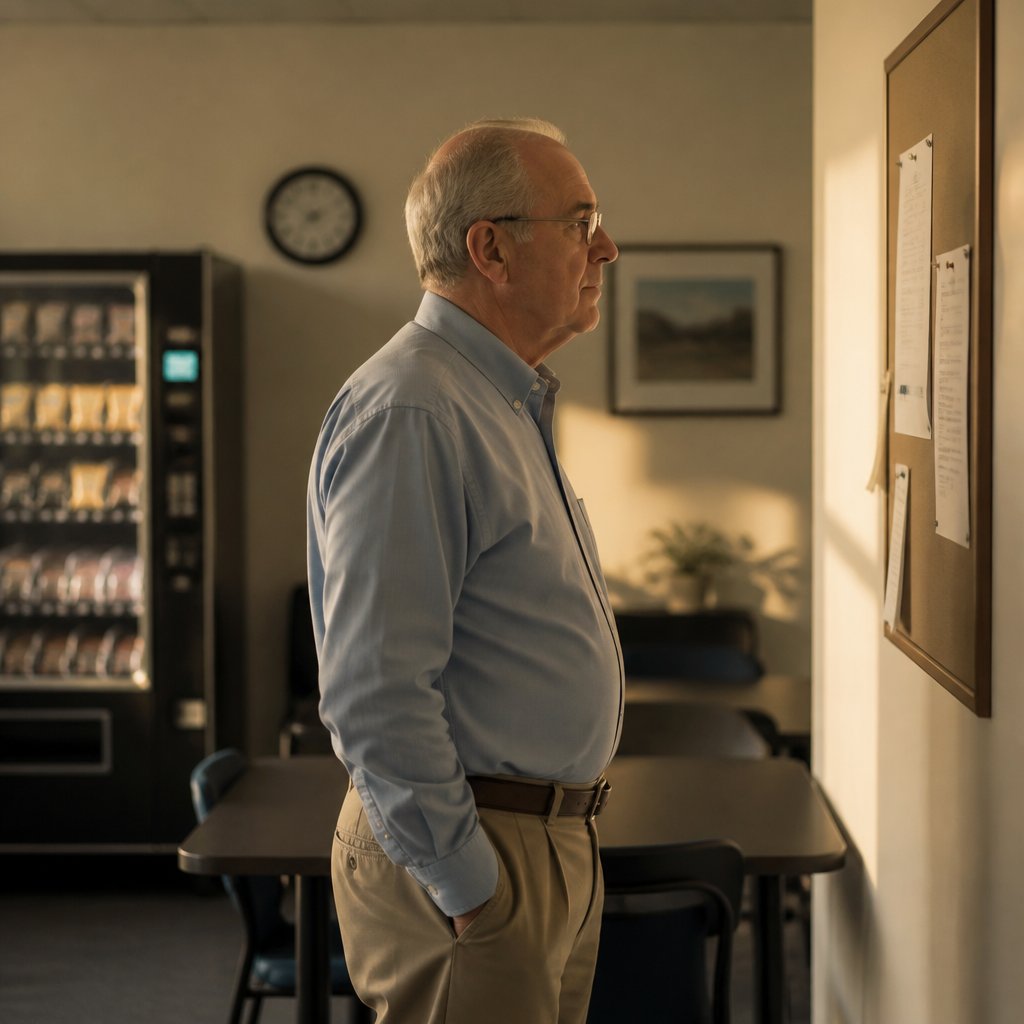Older man in break room reading a new workplace memo on the bulletin board.