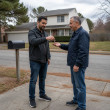 Two men exchanging a key outdoors near a mailbox, one handing the key to the other with a background of a suburban house and fallen pine needles.