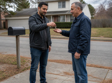 Two men exchanging a key outdoors near a mailbox, one handing the key to the other with a background of a suburban house and fallen pine needles.