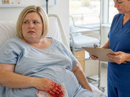 Postpartum woman on hospital bed with blood-soaked pad, nurse reviewing chart nearby.