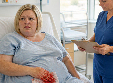 Postpartum woman on hospital bed with blood-soaked pad, nurse reviewing chart nearby.