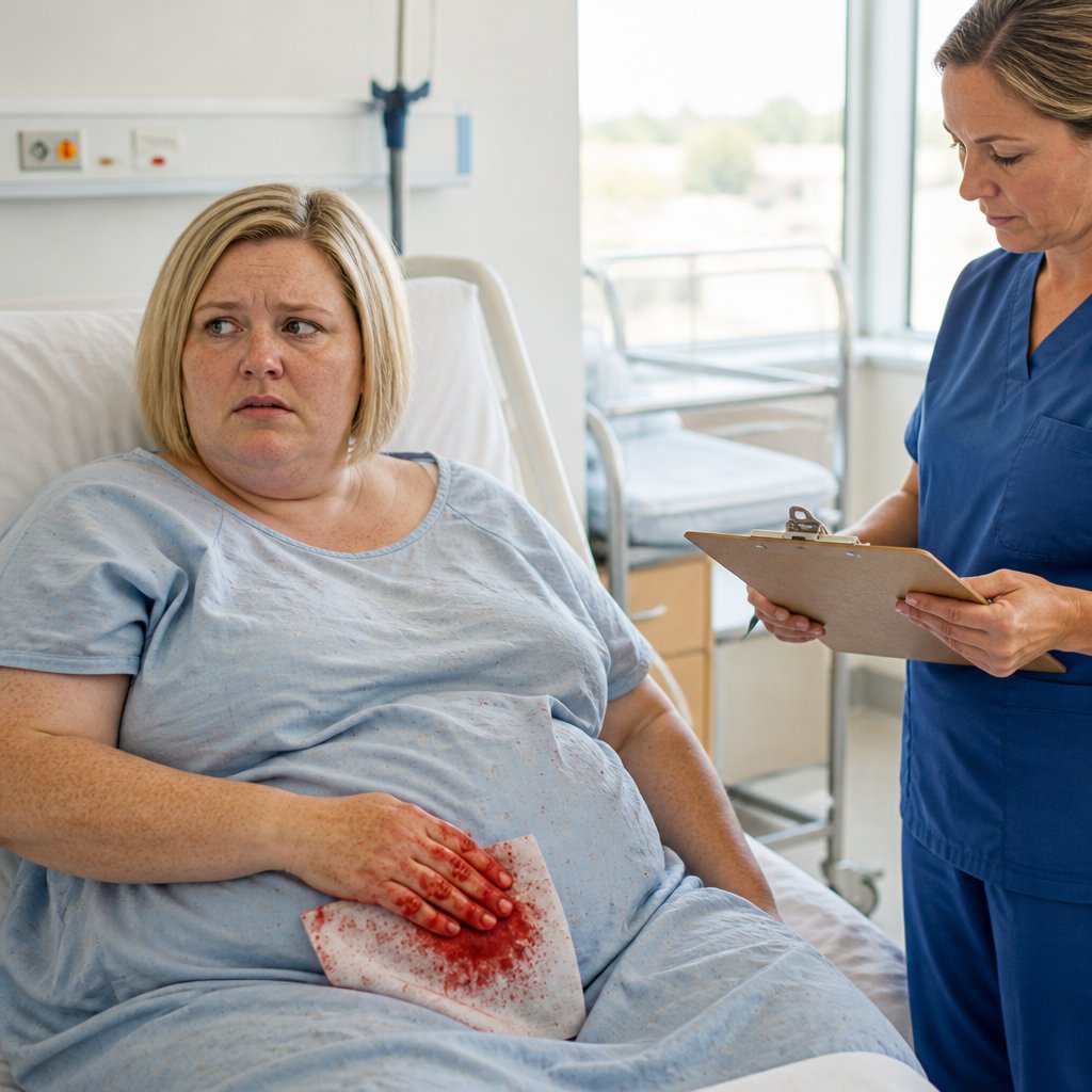 Postpartum woman on hospital bed with blood-soaked pad, nurse reviewing chart nearby.