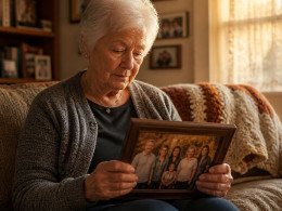 Elderly woman sitting alone holding a family photo with quiet grief