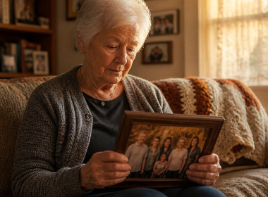 Elderly woman sitting alone holding a family photo with quiet grief