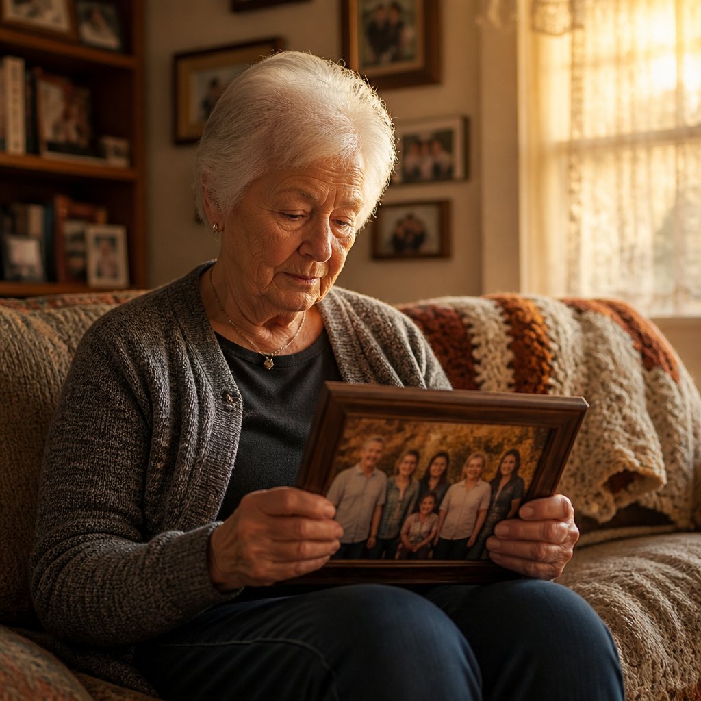 Elderly woman sitting alone holding a family photo with quiet grief