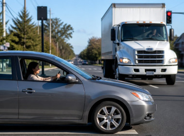 Moment before a delivery truck T-bones a car at an intersection
