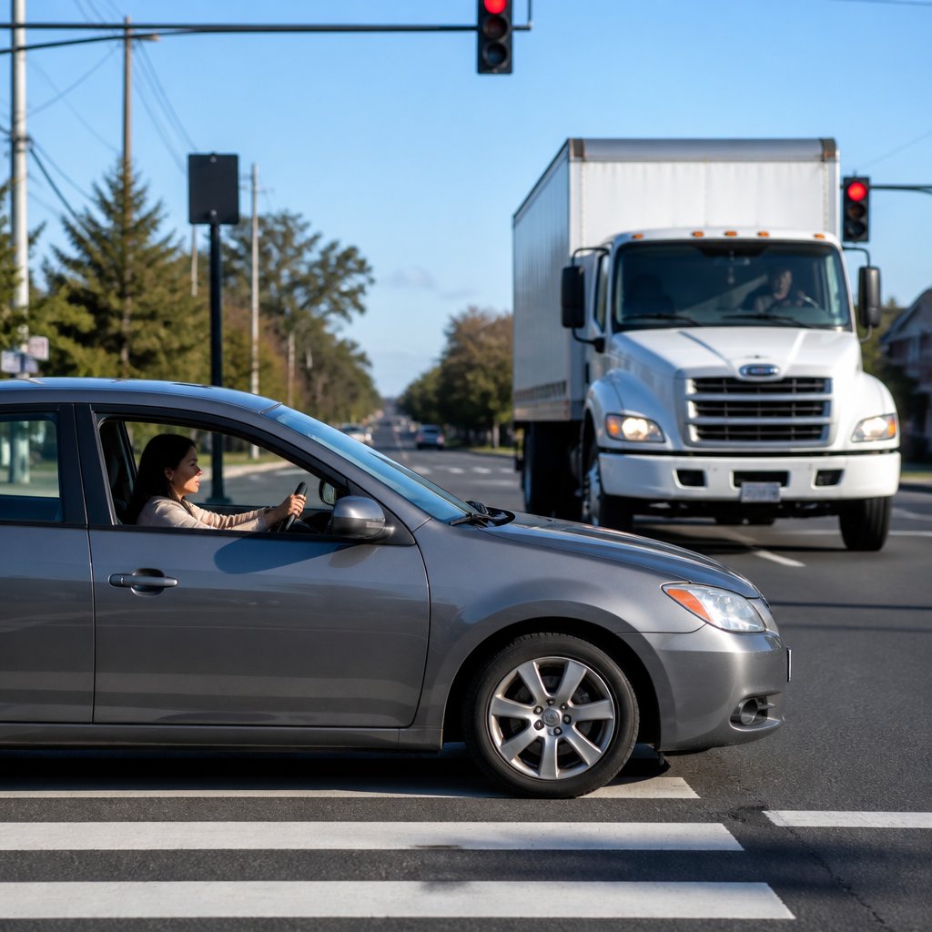 Moment before a delivery truck T-bones a car at an intersection