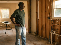 Man standing in gutted kitchen stalled mid-renovation looking frustrated