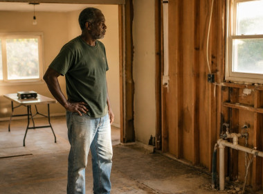 Man standing in gutted kitchen stalled mid-renovation looking frustrated
