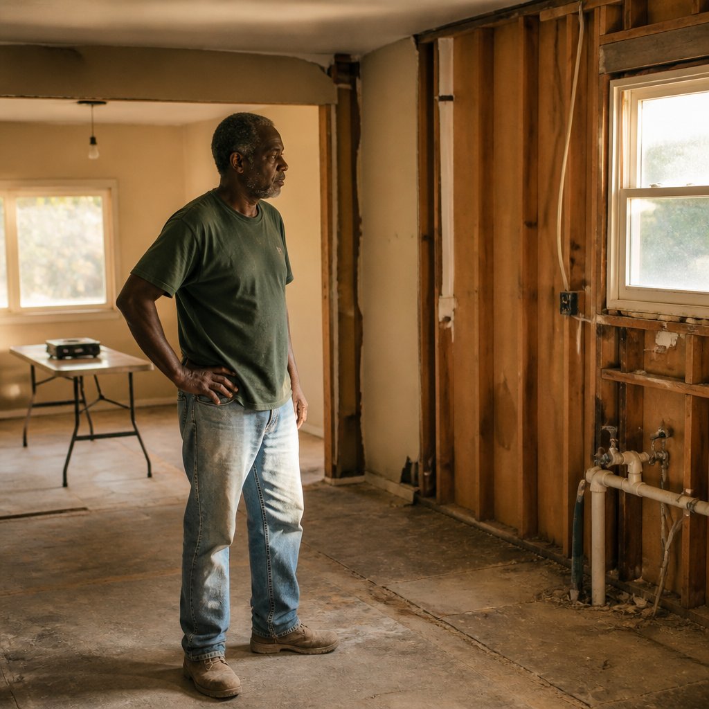 Man standing in gutted kitchen stalled mid-renovation looking frustrated