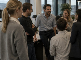 Popular manager surrounded by laughing coworkers while one woman looks slightly uncertain