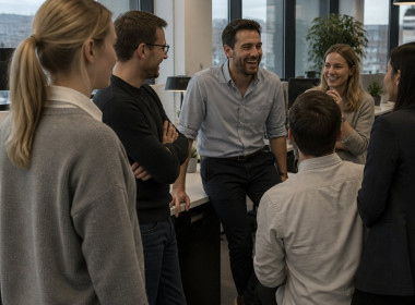 Popular manager surrounded by laughing coworkers while one woman looks slightly uncertain