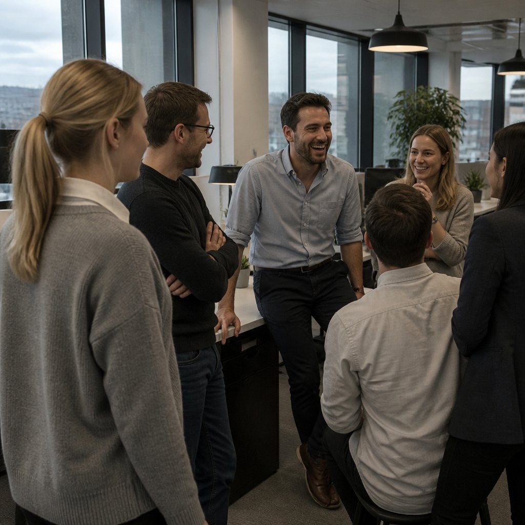 Popular manager surrounded by laughing coworkers while one woman looks slightly uncertain
