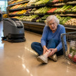 Woman sitting on grocery store floor holding her ankle after being knocked down by a floor scrubber robot.