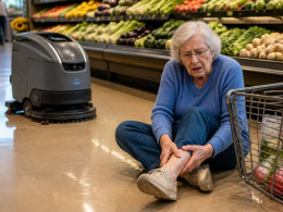 Woman sitting on grocery store floor holding her ankle after being knocked down by a floor scrubber robot.