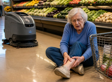 Woman sitting on grocery store floor holding her ankle after being knocked down by a floor scrubber robot.