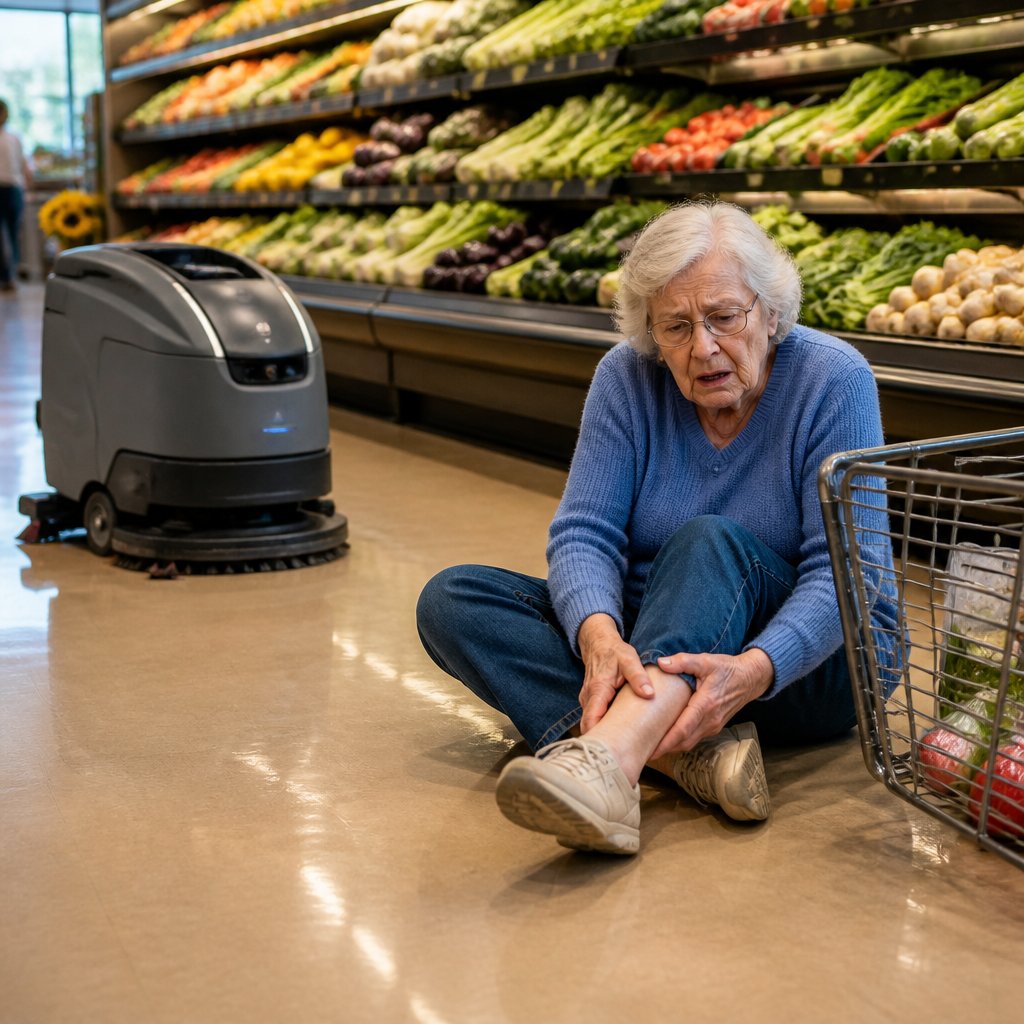 Woman sitting on grocery store floor holding her ankle after being knocked down by a floor scrubber robot.