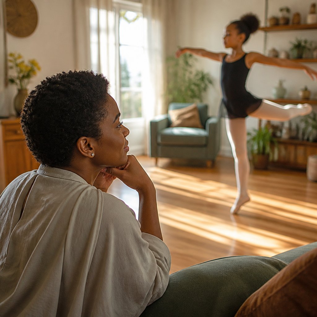 Young girl dancing in a sunlit studio with dramatic shadows.
