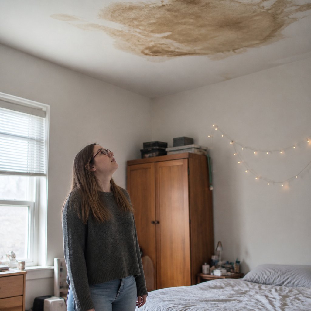 Young woman looking up at water stain on her bedroom ceiling above the bed