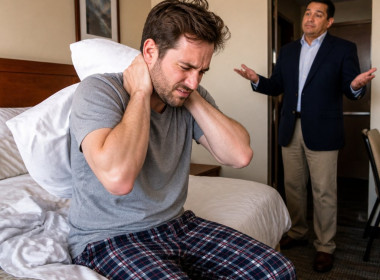 Man in hospital bed struggling to lift his head while ER doctor listens to his chest.