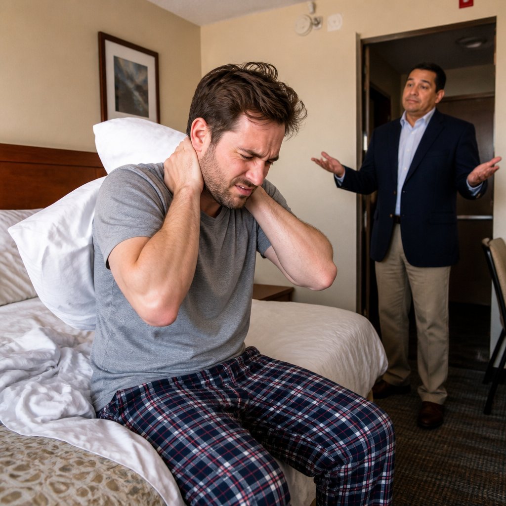 Man in hospital bed struggling to lift his head while ER doctor listens to his chest.