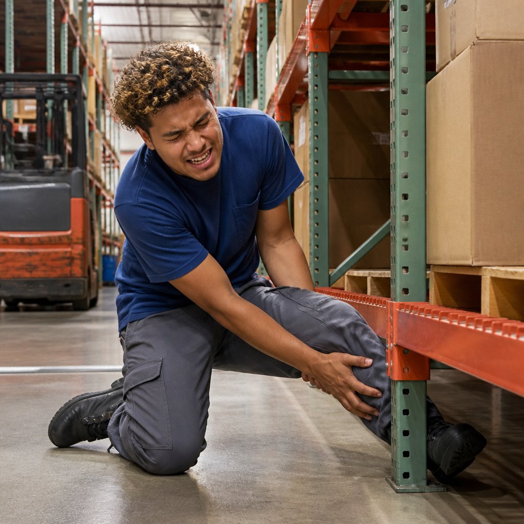 Man trapped under a warehouse rack, clutching his crushed lower leg with a pained expression.