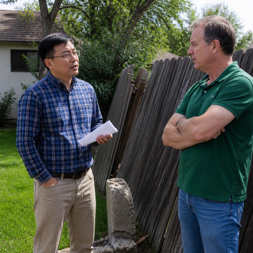 Man with glasses holding a paper standing by old fence talking to neighbor crossed arms