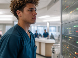 Young man in scrubs observing the emergency department dashboard with a worried look.