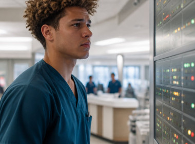 Young man in scrubs observing the emergency department dashboard with a worried look.
