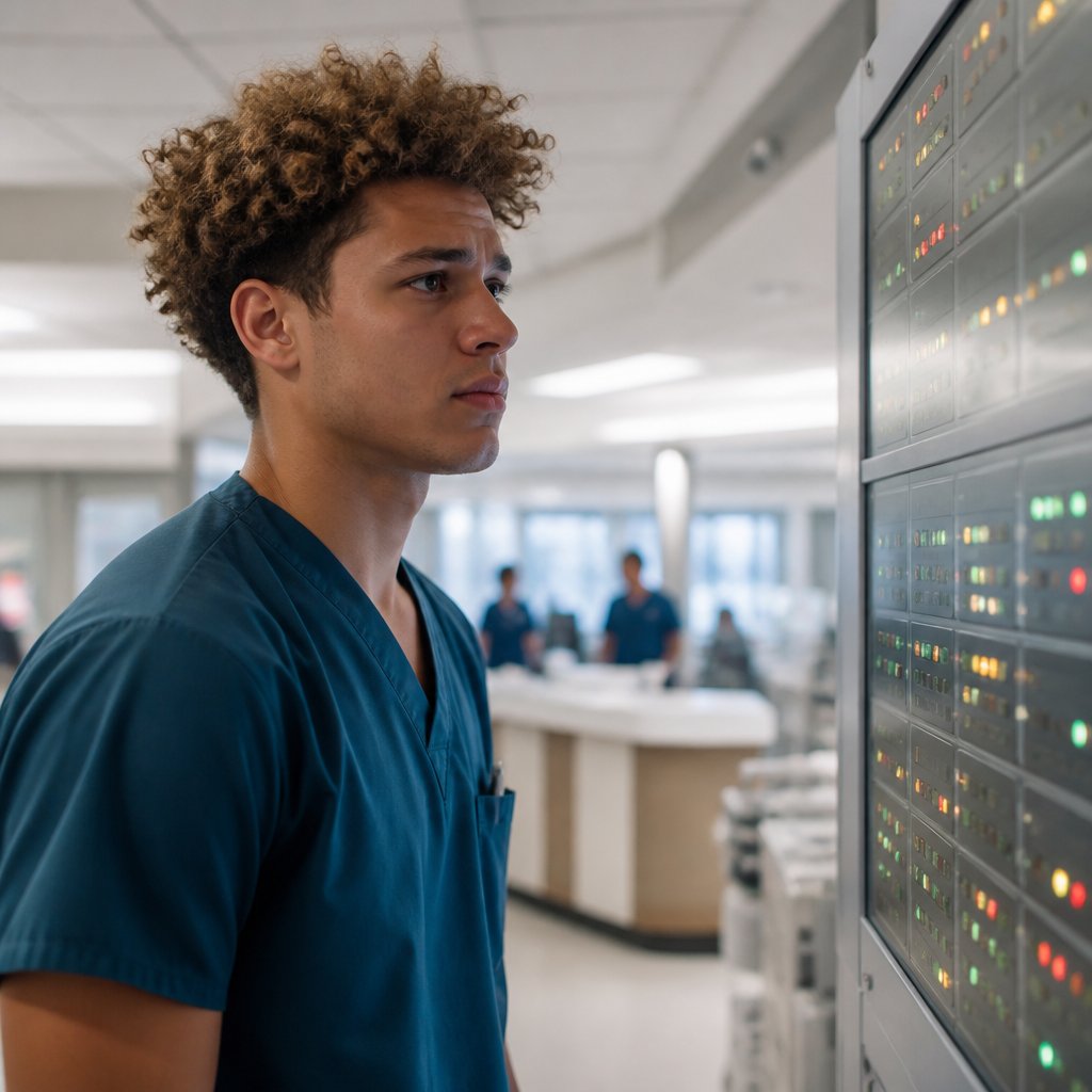 Young man in scrubs observing the emergency department dashboard with a worried look.