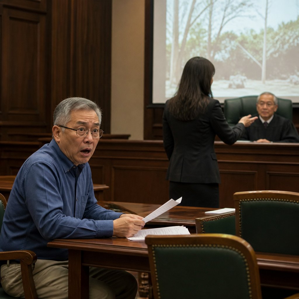 Older East Asian man in courtroom looking shocked as video is played by opposing lawyer.