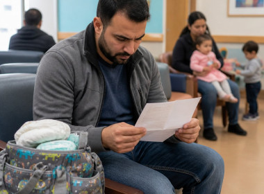 Man holding a crumpled credit approval letter taken from a colorful diaper bag in a pediatric clinic waiting room.