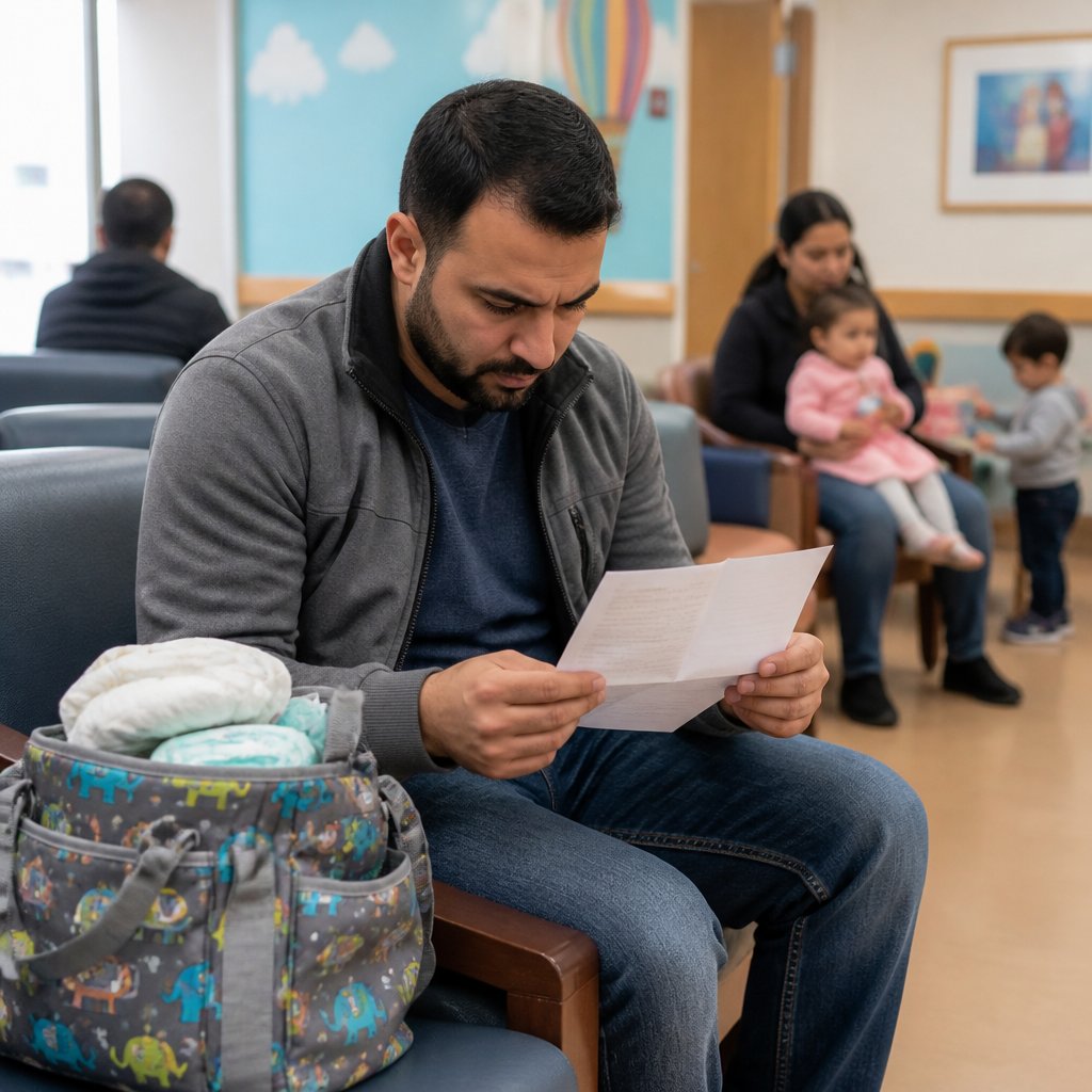 Man holding a crumpled credit approval letter taken from a colorful diaper bag in a pediatric clinic waiting room.