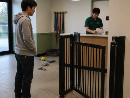 Man looking at an automatic gate clicking open and closed in a dog daycare lobby, with a handler nearby.
