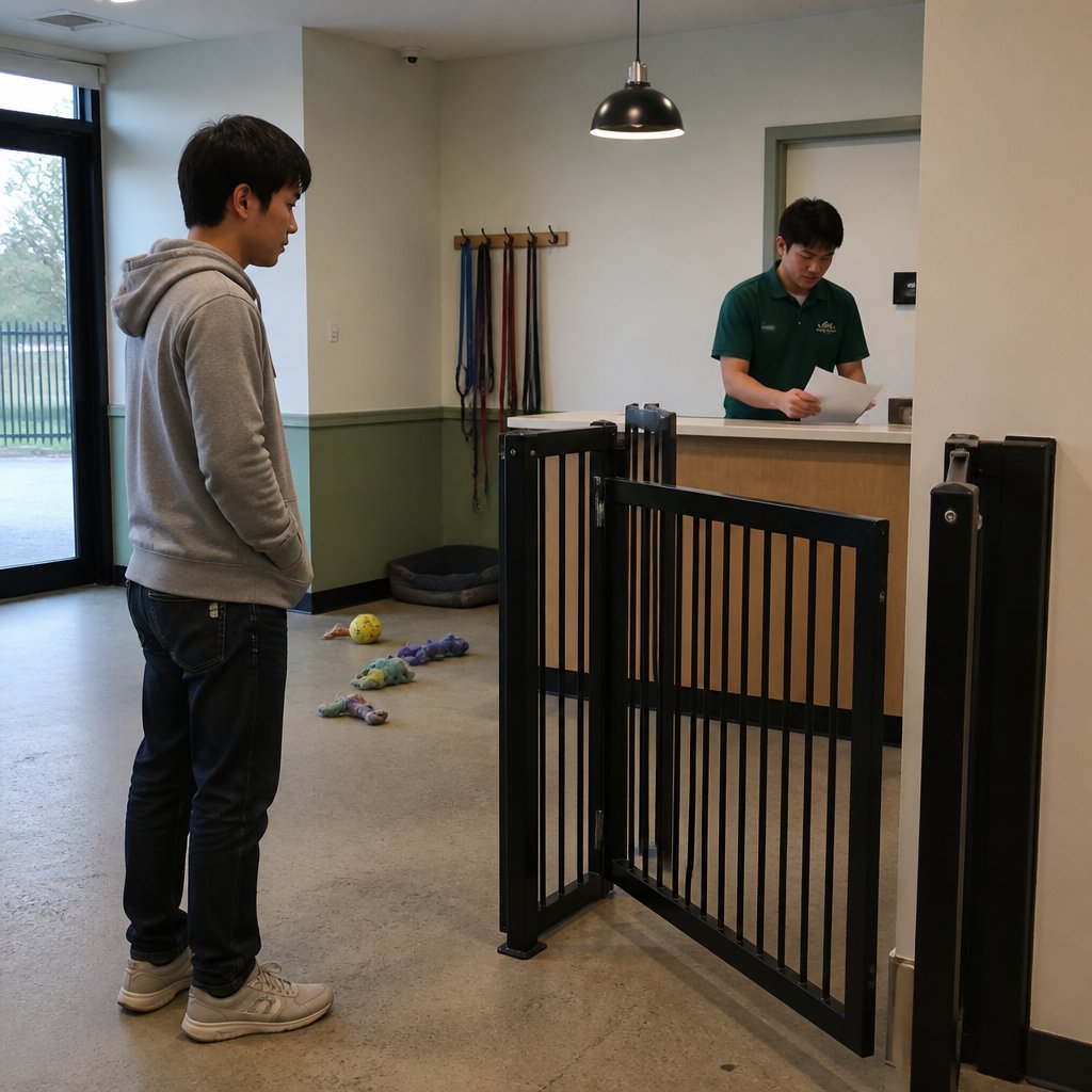 Man looking at an automatic gate clicking open and closed in a dog daycare lobby, with a handler nearby.