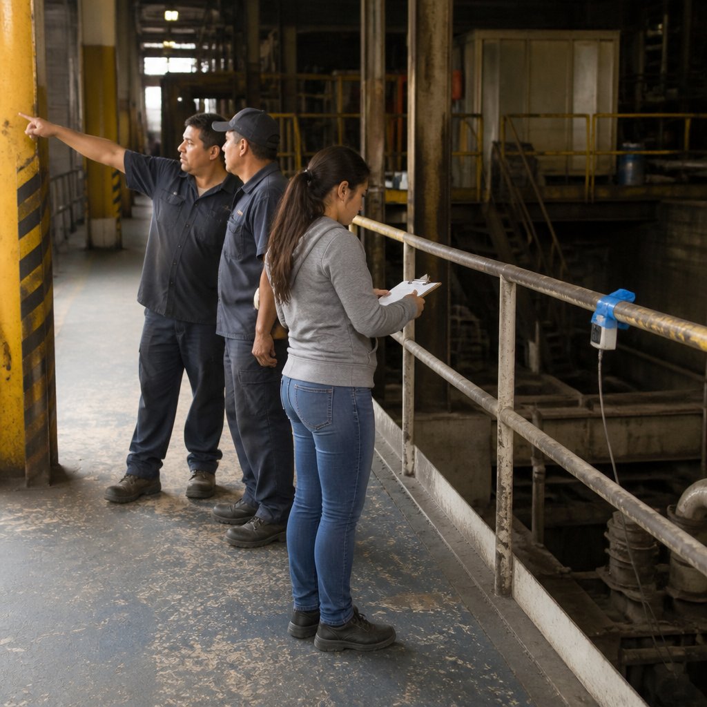 Latina woman inspecting taped sensor on factory railing while two men discuss missing guardrails nearby.