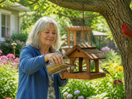 Elderly woman filling a cedar bird feeder in her sunny backyard garden with birds nearby